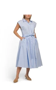 Zara Midi Blue Flared/Pleated Front Button Wrap Tie Waist Cotton Dress. Size M - Picture 1 of 19