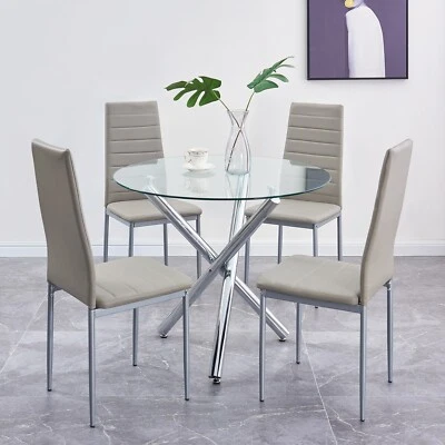 4x Grey Faux Leather Dining Chairs&Round Tempered Glass Silver Legs Dining Table - Image 1 of 4