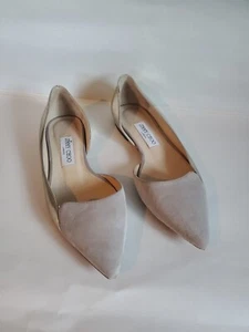 Jimmy Choo Sz 39 Gray Silver Suede Leather Cut Out Flats Slip On Metallic - Picture 1 of 18