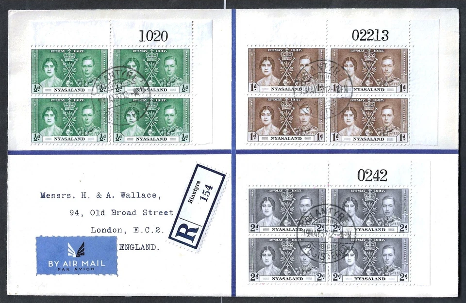 NYASALAND - 3 x BLOQUES DE 4 - CORONACIÓN 1937 - REGD A LONDRES INGLAND - VFU Foto 1 de 1