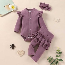 Newborn Baby Girl Clothes Set Romper Bodysuit Top Solid Ruffle Trouser Outfits