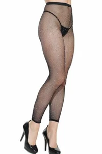 New Women's Black Rhinestone Fishnet Footless Pantyhose Stockings Tights - Picture 1 of 2