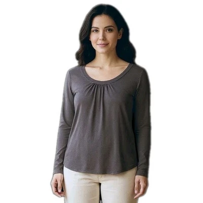 Talbots Top 衬衫女式中号棕色皮马棉打褶圆领全新带标签 — 第 1/4 张图片