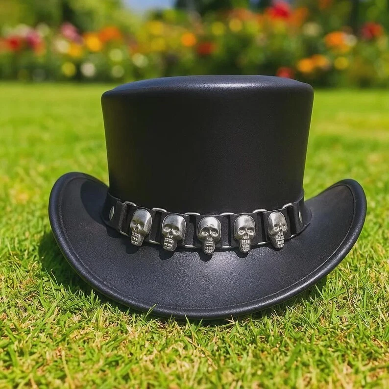 Handmade Gothic Skull Top Hat: Black Faux Leather Steampunk Cosplay - Image 1 of 4