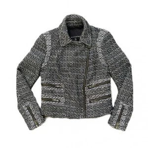 Banana Republic Tweed Moto Jacket Petite 00 Black White Asymmetrical Zip Pockets - Picture 1 of 7