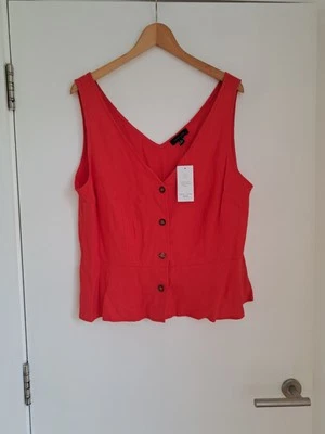 Linen Buttoned Vest Top Blouse UK16 Red Peplum Frill Hem New Look BNWT - Image 1 of 4