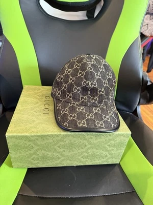 Boné GUCCI logotipo GG denim beisebol XL algodão preto padrão total masculino 656206 usado - Imagem 1 de 3