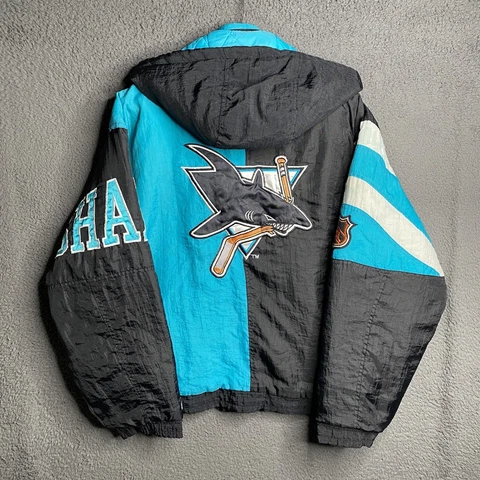 Vintage 90s San Jose Sharks Hockey NHL Starter Puffer Jacket Mens Medium Hooded Cover