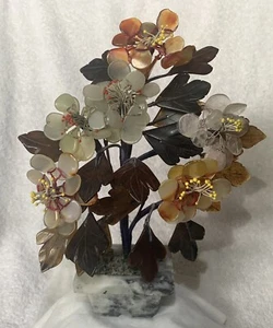 MID CENTURY CARVED JADE AGATE BONSAI FLOWER TREE  9” Tall EUC - Picture 1 of 10