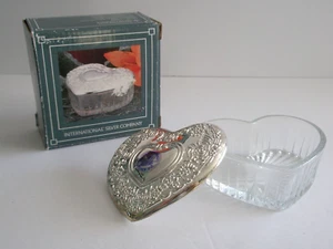 1993 International Silver Co. Crystal Heart Shaped Box Silverplated Top  B - Picture 1 of 10