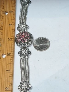 Pulsera retro estrás bling cadenas tono plata tono rosa centro vintage 8,5" - Imagen 1 de 16