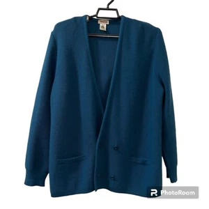 VTG Rodier Teal Blue Wool Blend LS Padded Button Cardigan Sweater Size Large - Picture 1 of 11