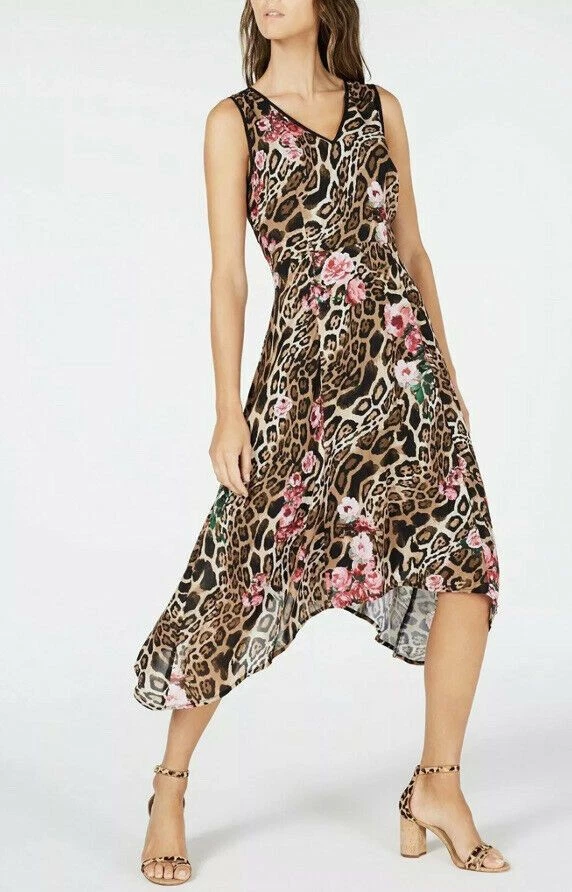 Inc International Concepts Size 6 Wave Leopard Floral Asymmetrical Midi Dress