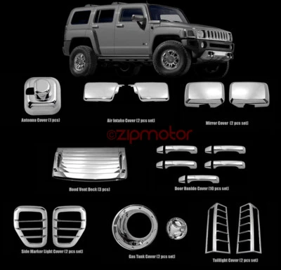 06-10 HUMMER H3 CHROME COVER TRIM 24PCS COMBO SIDE MIRROR HOOD DECK VENT ANTENNA - Image 1 of 2