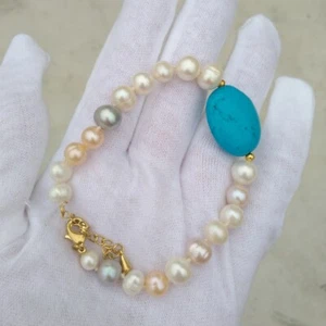 Exotic South Sea Natural White Multi-Color Pearl Turquoise Bracelet 7.5-8inch - Picture 1 of 7