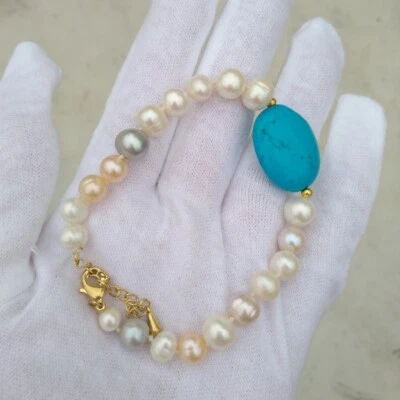 Exotic South Sea Natural White Multi-Color Pearl Turquoise Bracelet 7.5-8inch - Image 1 of 4