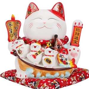 Brazo agitador grande de cerámica Maneki Neko Beckoning dinero de la suerte gato para la buena fortuna - Imagen 1 de 6