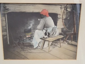 Rare Antique African American art print Hand Colored lady w/ pipe And House Cat - Picture 1 of 24