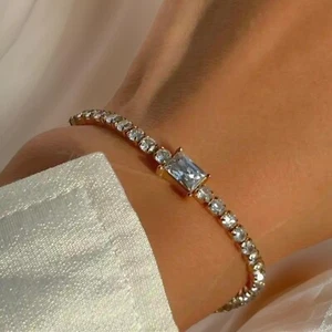 18K Gold plated brass Emerald CZ diamond Tennis chain Bracelet women - Picture 1 of 4