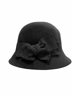 Винтажная черная фетровая женская шляпа HUGO BOSS с черным бантом и лентой - Изображение 1 из 4