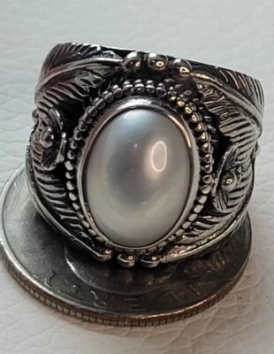 Signed Sterling 12G Indonesian white Oval Mabe Pearl Shield Ring Sz 6 3/4 - Image 1 of 4