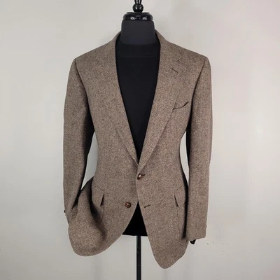 VINTAGE Cricketeer Blazer Mens 44l Brown Herringbone Wool Tweed Made USA 80s - Image 1 of 4