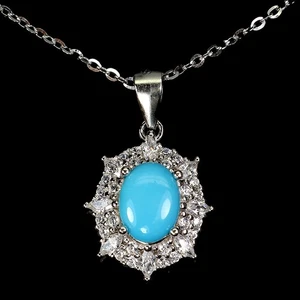 925 Sterling Silver Necklace Oval Turquoise 8x6mm Natural Gemstone Jewelry 18in - Picture 1 of 13