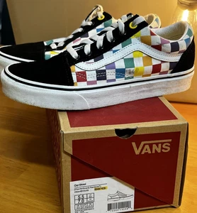 VANS OLD SKOOL Rainbow Checkered Black Suede Sneakers Womens 7 Mens 5 Waffle sol - Picture 1 of 13