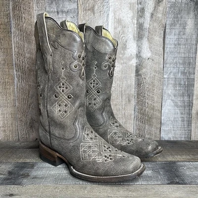 Womens Corral Gray Leather Studded Square Toe Western Cowboy Boots Size 6 M - Image 1 of 4