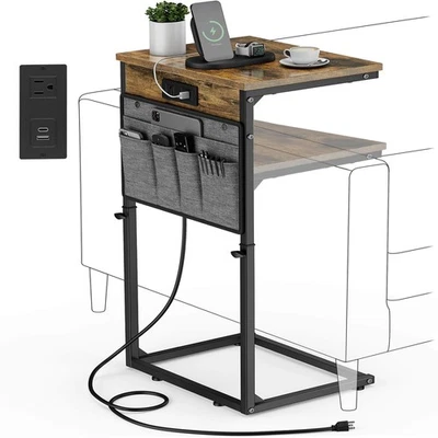 C Shaped End Table with Charging Station, 33" Tall Side Table for Couch, Sofa... - Image 1 of 4