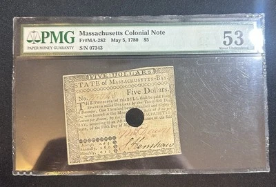 Massachusetts Colonial Note Fr#MA-282 May 5, 1780 $5 PMG 53 - Image 1 of 4