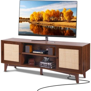 Rattan TV Stand for 75" TV Boho TV Stand with Build-in Socket Walnut - Picture 1 of 12