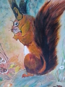 Pintura al óleo original ardilla vida silvestre arte amateur GRANDE 50X40 cm firmada L Gordon - Imagen 1 de 14