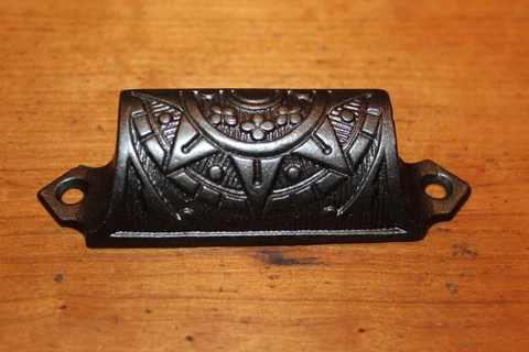 Antique Victorian Cast Iron Detailed Bin Apothecary Cupboard Drawer Pull L-60 Cover