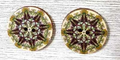 boho flowers wood buttons sewing 2 holes 1 inch (set #1035) 2pc - Image 1 of 2