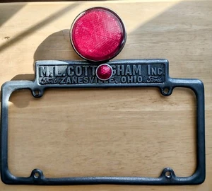 Vintage License Plate Frame with Reflectors M.L.Cottingham Ford Zanesville Ohio - Picture 1 of 7