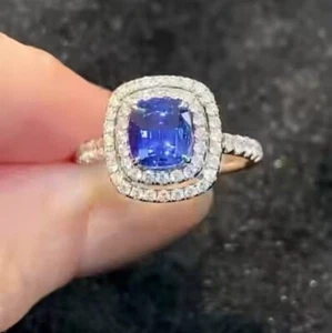 2.45 Ct Cushion Natural Blue Sapphire diamond Woman s Ring 14Ksolid white gold - Picture 1 of 6