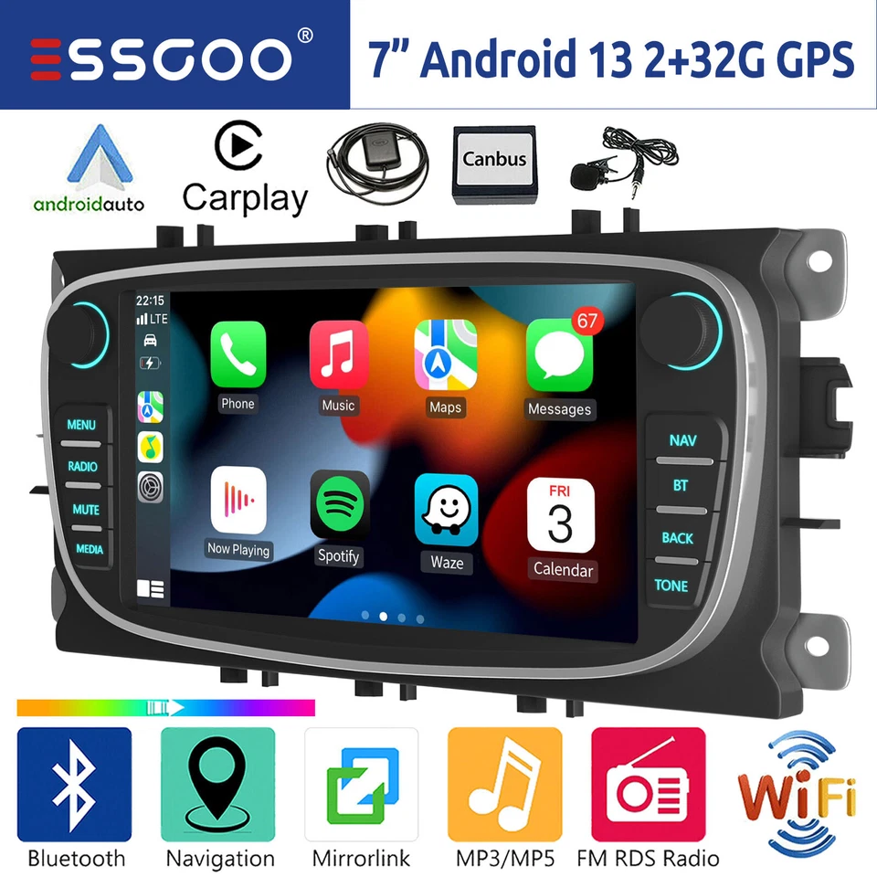 Android 13 Autoradio Carplay GPS Navi RDS Für Ford Focus S-Max C-Max Kuga Mondeo - Bild 1 von 4
