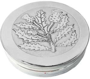 Caja redonda clásica de baratija de peltre con tapa diseño de cardo escocés de 50 mm - Imagen 1 de 4