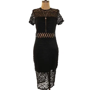 Vestido Vaina Midi Missguided 2 EE. UU. 6 Reino Unido Manga Corta Encaje Paneles Negro Usado en Excelente Condición B82 - Imagen 1 de 5