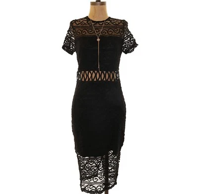 Vestido midi vaina Missguided 2 EE. UU. 6 Reino Unido encaje paneles negro fiesta usado en excelente estado B82 Foto 1 de 4