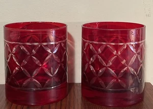 2 Cut To Clear Red Cellini? Whiskey/Low Ball Glasses - Picture 1 of 9