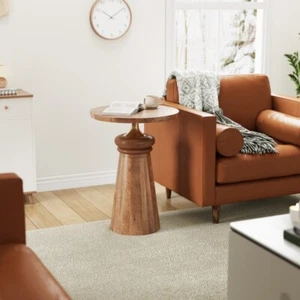 Modern Round Pedestal Side End Table Coffee Table, Gold + Natural - Picture 1 of 9