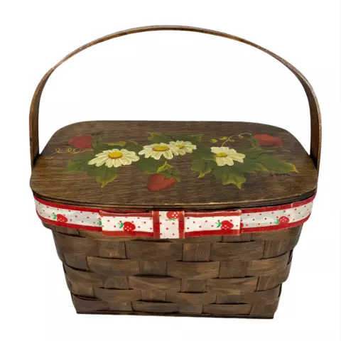 Vintage Woven Slat Wood Basket Hand Painted Strawberries Hinged Lid Handle Cover