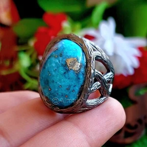 Natural Turquoise Feroza Stone - 925 Silver - Black Rhodium Rare Piece - Picture 1 of 8