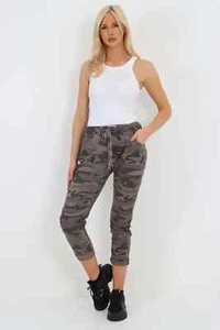 Ladies Italian Drawstring Camo Side Pockets Trousers Women Stretch Magic Joggers - Picture 1 of 49