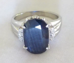 Heavy Platinum Tablet Cut Navy Sapphire Diamond Ring - 8.80 gms, Sz 8, 4.78 ctw - Picture 1 of 11