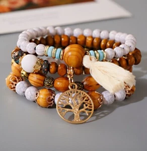 Set 4 Armbänder Armband Brasilien Boho Glasperlen Holzperlen Lebensbaum Baum - Bild 1 von 1