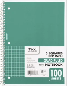 Mead Spiral Notebook, 1 Subject, Graph Ruled Paper, 7-1/2" x 1 Each, Green - Picture 1 of 6