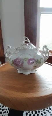 Antique MZ Austria Porcelain Sugar Bowl Matching Lid Double Handles Roses - Image 1 of 4